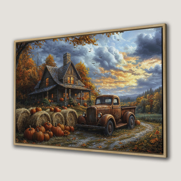 Framed Wall Art: Rustic autumn scene with cabin, pumpkins, and vintage truck. Warm orange & brown tones create cozy fall vibes. Perfect for seasonal decor!