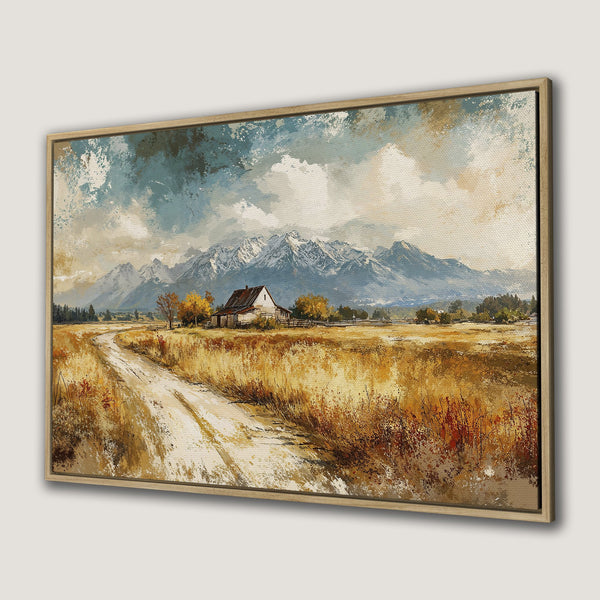 Framed Wall Art: Landscape Canvas Print of a rustic cabin, mountain view, and a dirt road. Warm, earthy tones with blue sky.