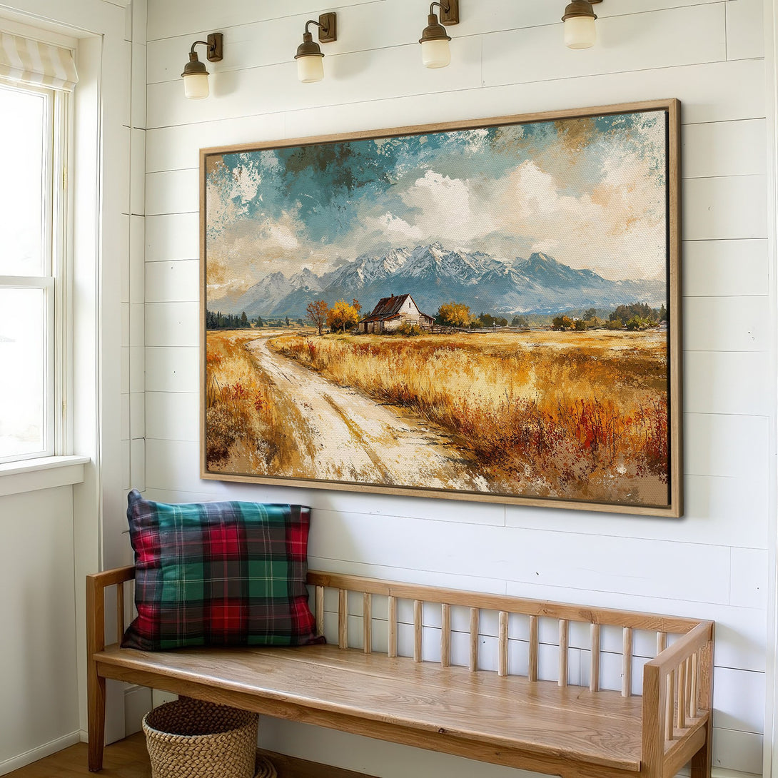 Framed Wall Art: Rustic landscape Canvas Print with a warm, earthy color palette, featuring a farmhouse, mountains, and a dirt road. Perfect for any home.