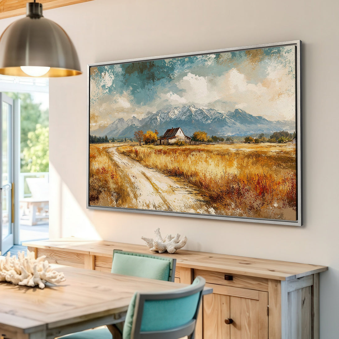 Framed Wall Art: Rustic landscape canvas print with mountains, warm color palette, and farmhouse style. Perfect for adding a touch of nature to your home decor.