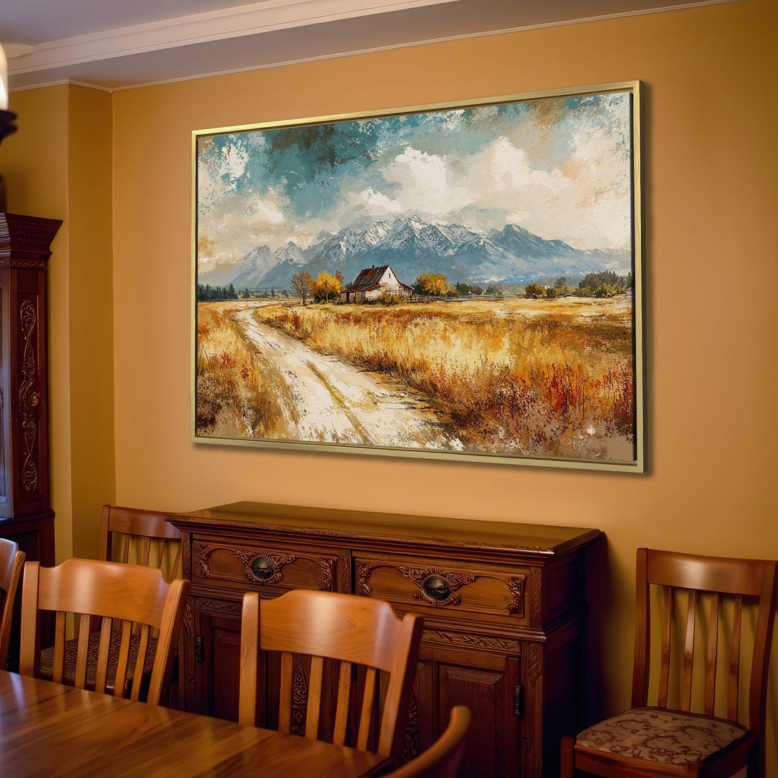 Canvas Print of a serene landscape painting with mountains, warm color palette, and a rustic style. Perfect wall art for any home.