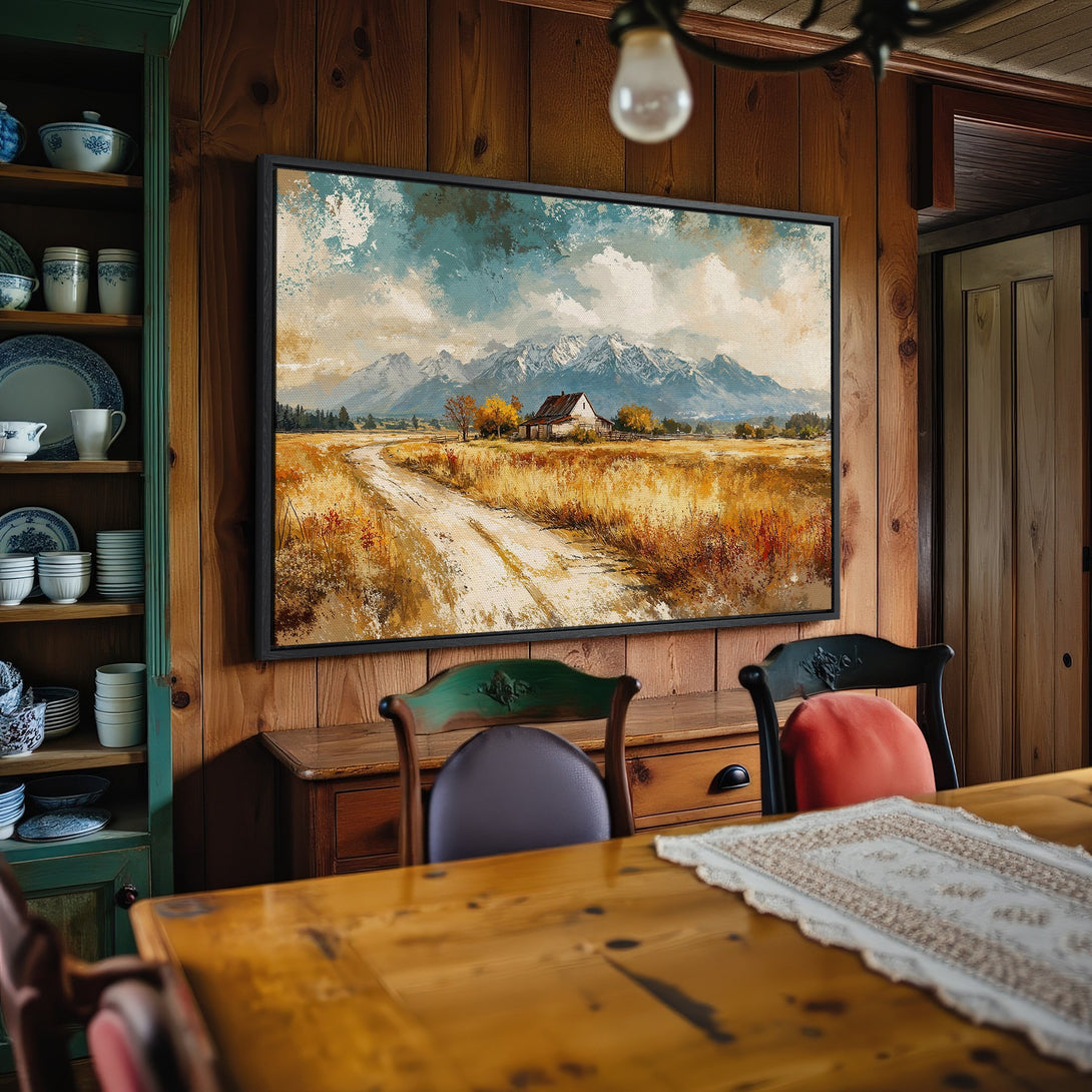 Framed Wall Art: Landscape Canvas Print of a mountain scene in warm, earthy tones. Rustic style art perfect for home decor.