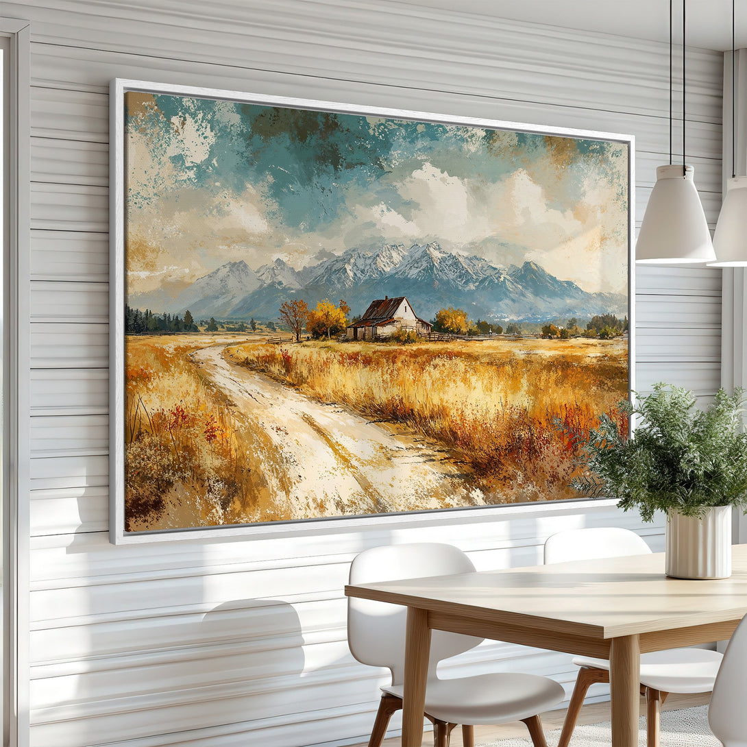 Framed Wall Art: Landscape painting of a mountain scene in warm, earthy tones. Rustic style canvas print adds a touch of nature to any room.
