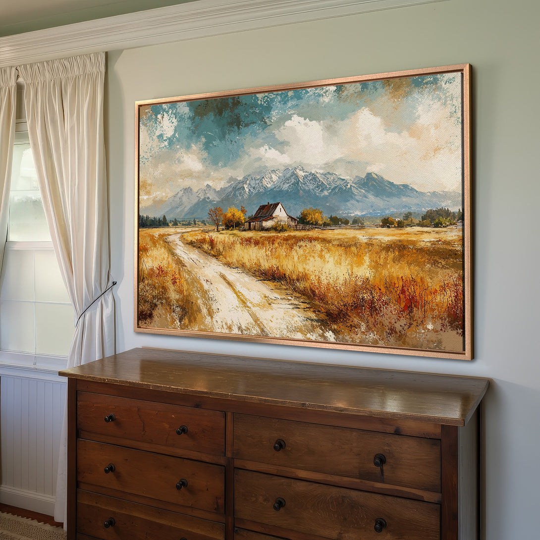 Framed Wall Art: Landscape painting with mountains and a barn, warm color palette. Rustic style Canvas Print for home decor.