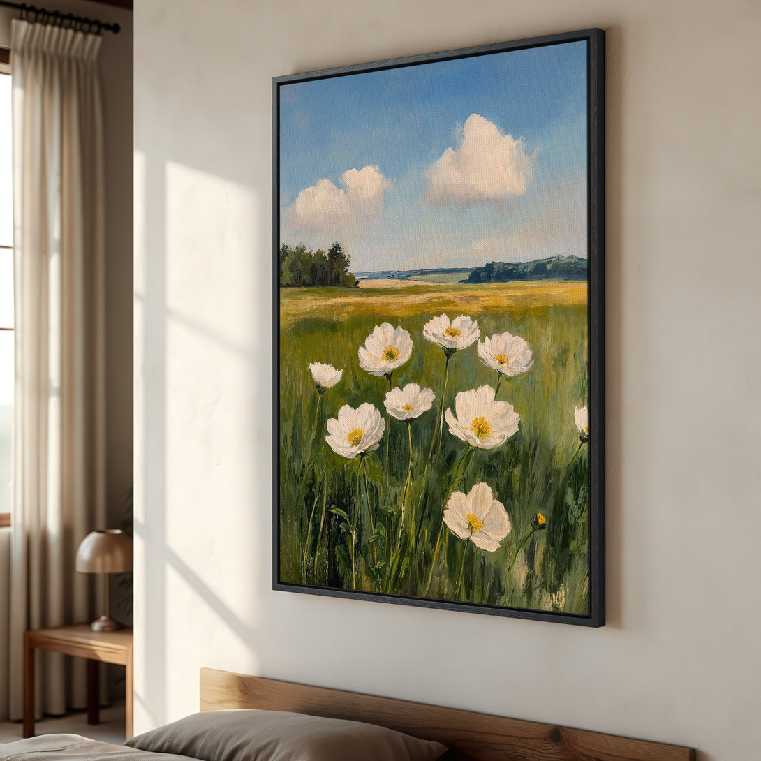 Framed Wall Art: Impressionist landscape Canvas Print with white flowers, blue sky, and green field. Adds a touch of nature's beauty to your home.