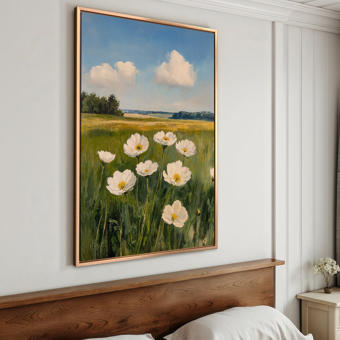 Framed Wall Art: Impressionist landscape Canvas Print with white flowers, blue sky, and green field. Adds a touch of nature and serenity to any room.