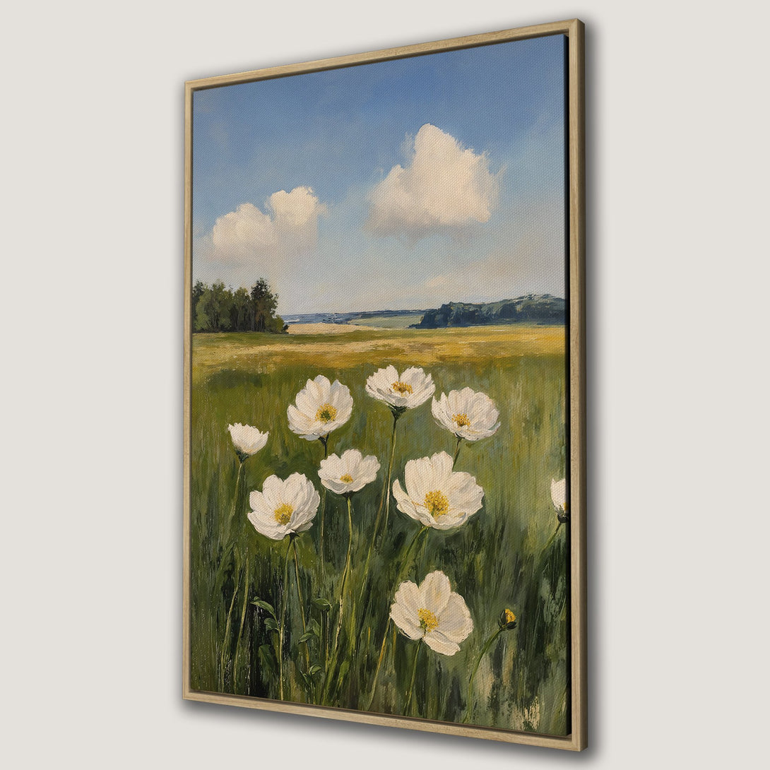 Framed Wall Art featuring a serene landscape with white flowers, blue sky, and a green and yellow color palette. Perfect for adding a touch of nature to your space.