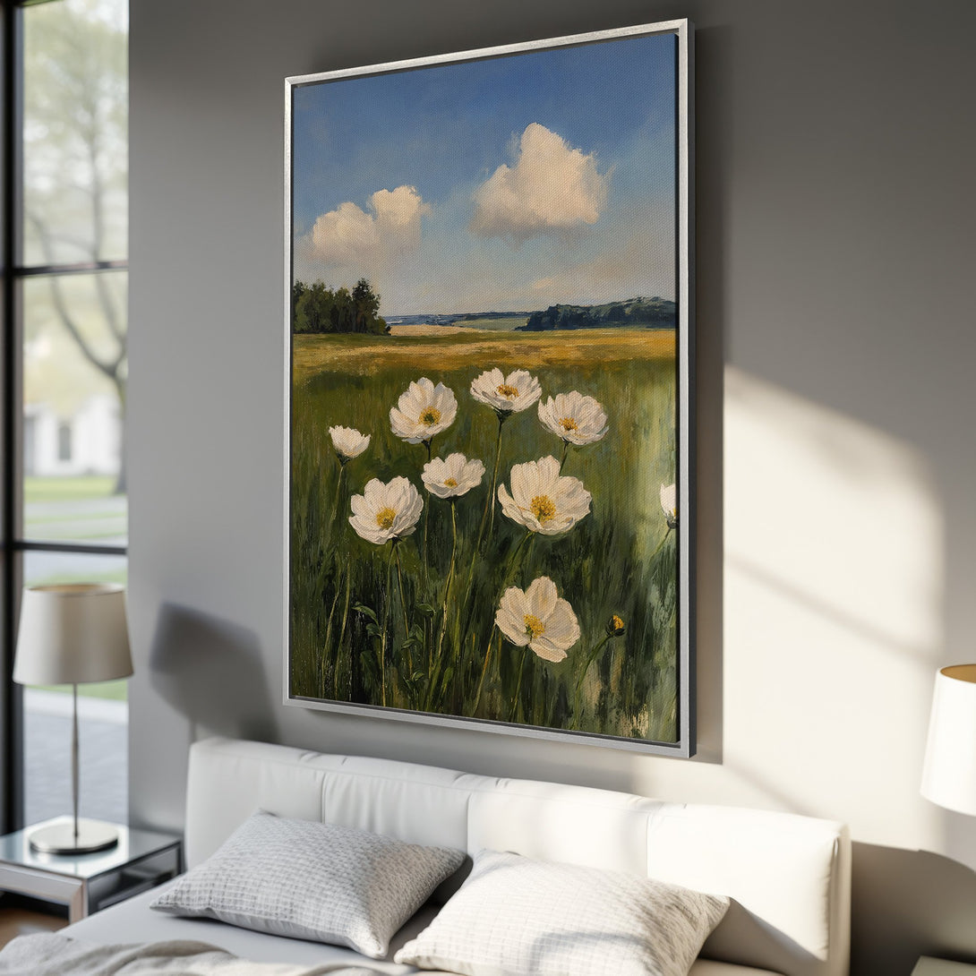 Framed Wall Art Canvas Print of a field of white flowers. Impressionist style with blue, green, and yellow color palette. Perfect for bedroom decor.