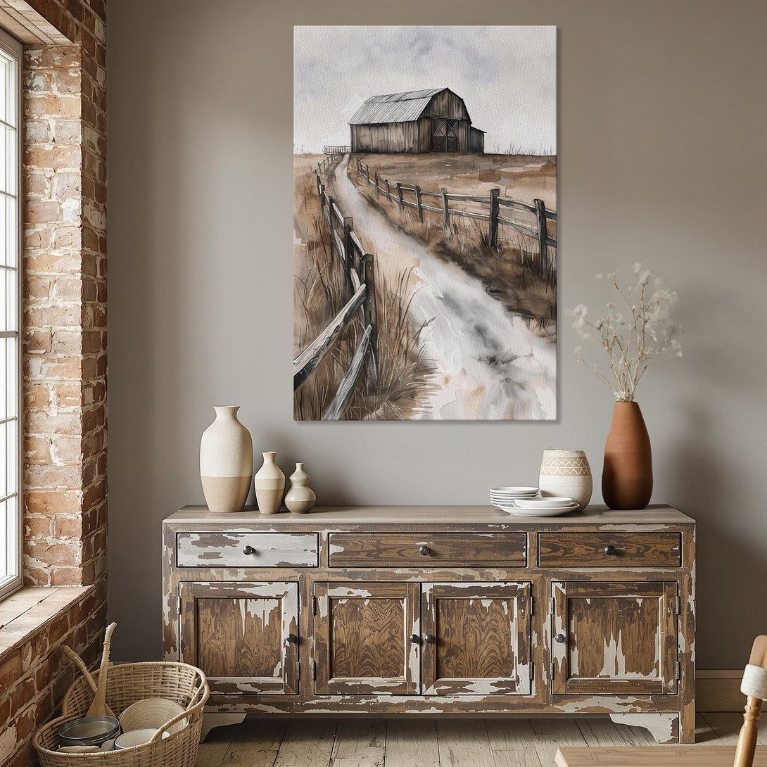 Framed Wall Art of a rustic barn scene in watercolor style. Earthy brown and beige tones create a calming aesthetic. Perfect for farmhouse decor!