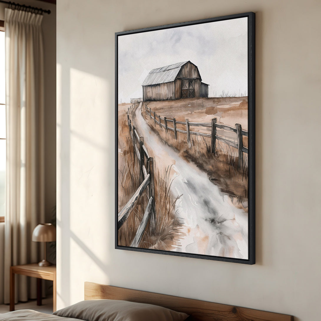 Framed Wall Art: Watercolor barn scene in neutral earth tones. Rustic landscape art for a cozy home. Shop canvas prints now!