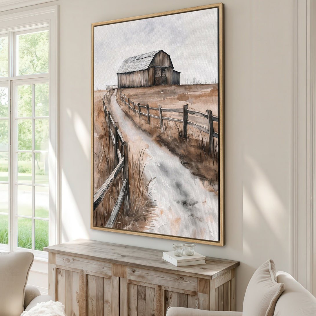 Framed Wall Art featuring a watercolor barn scene in a neutral brown and gray palette. Rustic farmhouse style Canvas Print for your home decor.