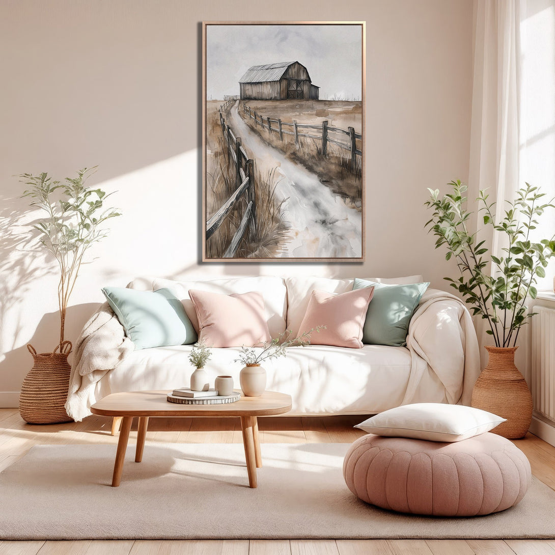 Framed Wall Art: Watercolor barn landscape in neutral tones. Perfect for farmhouse decor. Enhance your living room with this calming Canvas Print.