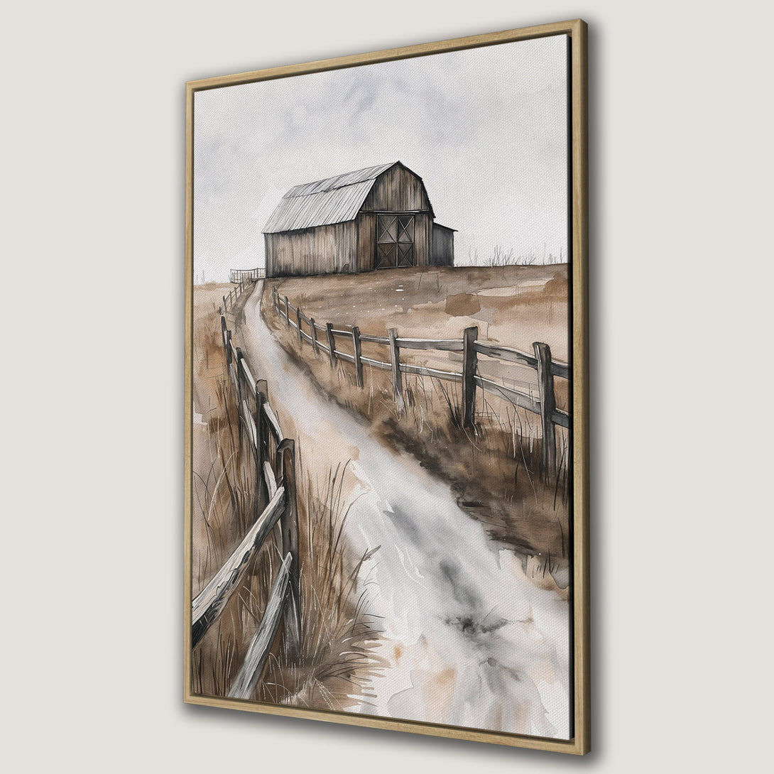 Framed Wall Art featuring a watercolor barn scene in a rustic style. Earthy brown and neutral tones create a calming farmhouse aesthetic. Perfect for adding a touch of nature.