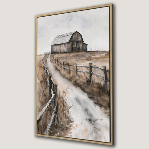 Framed Wall Art featuring a watercolor barn scene in a rustic style. Earthy brown and neutral tones create a calming farmhouse aesthetic. Perfect for adding a touch of nature.