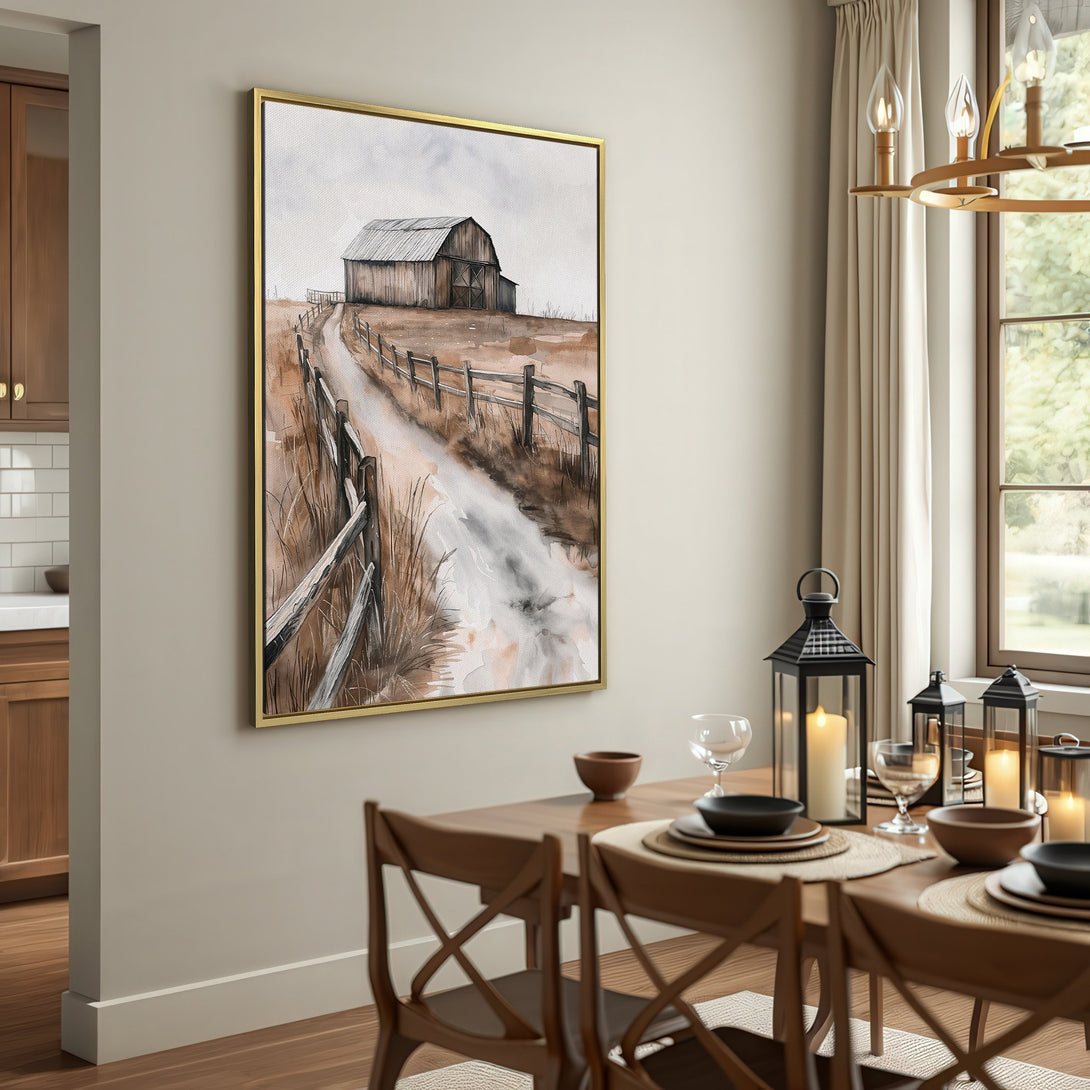 Canvas Print of a rustic barn scene in watercolor style, featuring a neutral brown and gray color palette. Perfect farmhouse wall art!