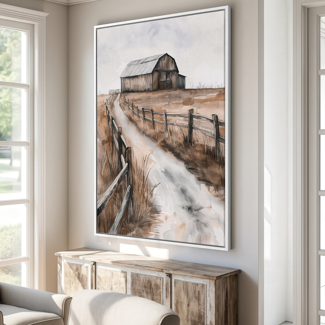 Canvas Print of a rustic barn landscape in watercolor style, featuring a neutral brown and beige color palette. Perfect farmhouse wall art.