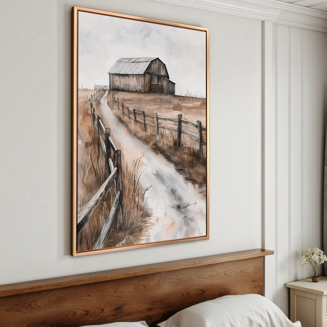 Framed Wall Art: Watercolor barn scene in warm brown tones. Rustic landscape art for farmhouse decor. Add a touch of nature to your home.