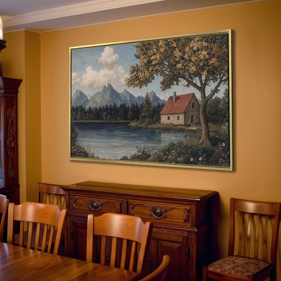Canvas Print: Scenic landscape art with mountains, lake, and house. Warm, neutral color palette enhances any interior. Perfect wall decor!