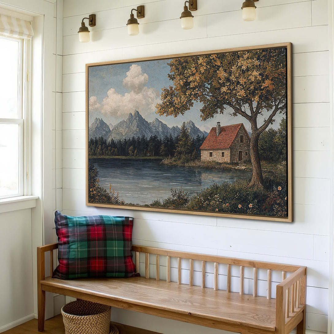 Framed Wall Art: Scenic landscape Canvas Print with a house by a lake, featuring a warm, earthy color palette. Perfect for adding rustic charm!