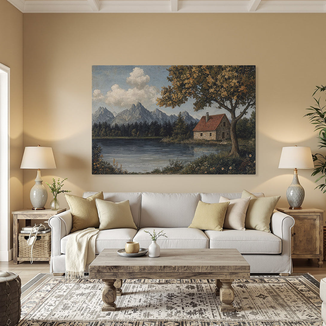 Framed Wall Art: Scenic landscape Canvas Print of a house by a lake, featuring a warm color palette and classic art style. Perfect for home decor.