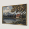Rural Mountain Lakeside Cottage Framed Canvas Print