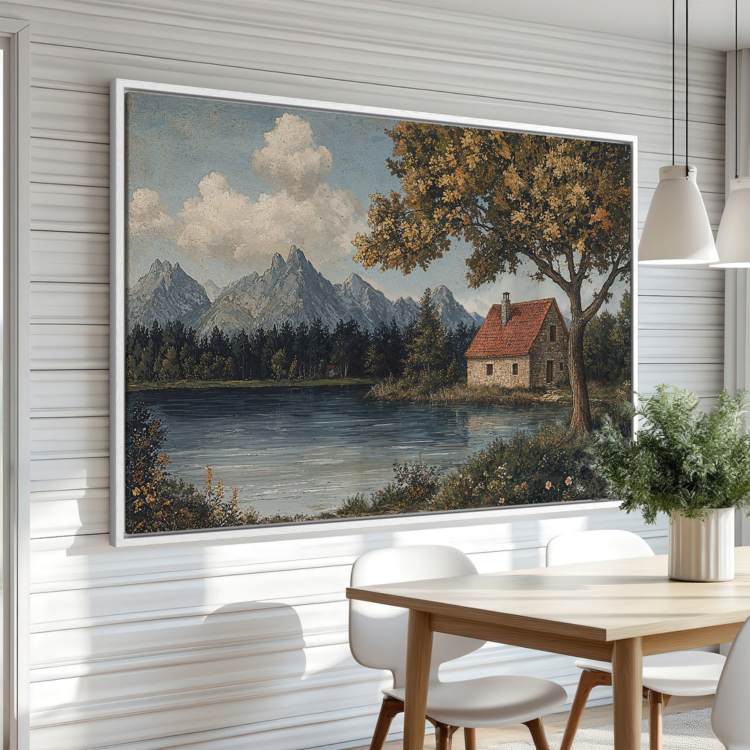 Framed Wall Art: Scenic landscape Canvas Print with a lake, mountains, and house. Featuring a vintage style and a warm, earthy color palette. Perfect for any home.