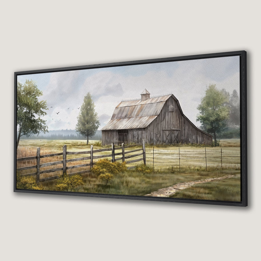 Framed Wall Art: Rustic barn landscape Canvas Print in neutral tones, perfect for farmhouse decor. Bring the countryside into your home!