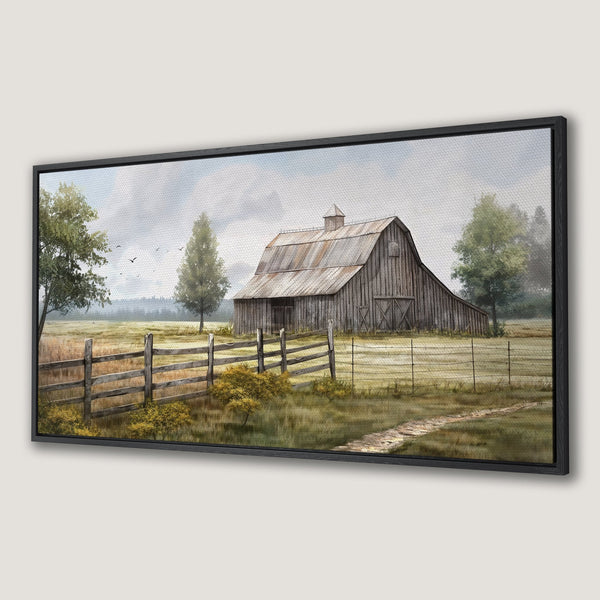 Framed Wall Art: Rustic barn landscape Canvas Print in neutral tones, perfect for farmhouse decor. Bring the countryside into your home!
