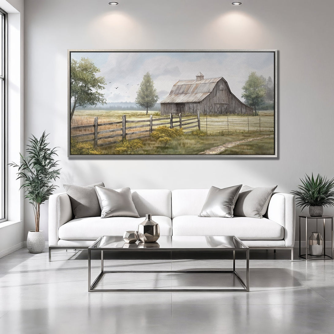 Framed Wall Art featuring a rustic barn scene in a muted, neutral color palette. Perfect for farmhouse decor.