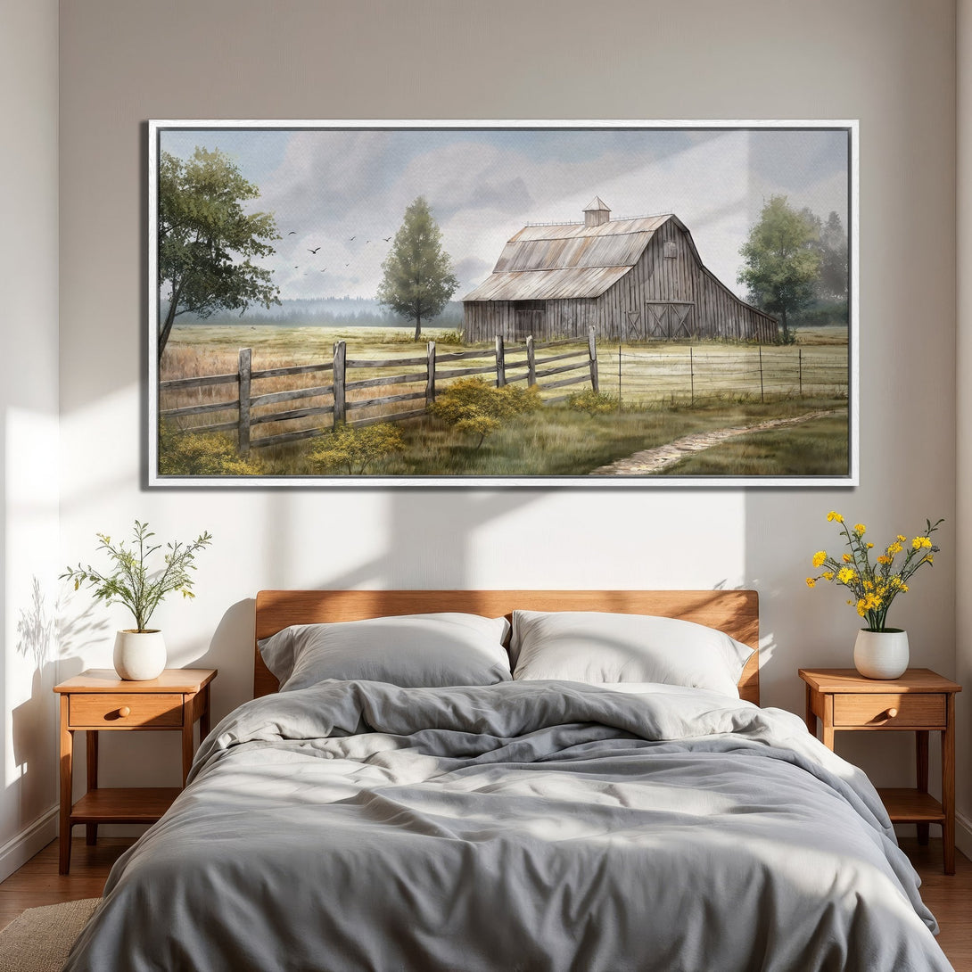 Framed Wall Art featuring a rustic barn landscape in a muted, earthy color palette. Perfect for adding a touch of farmhouse charm to your home.