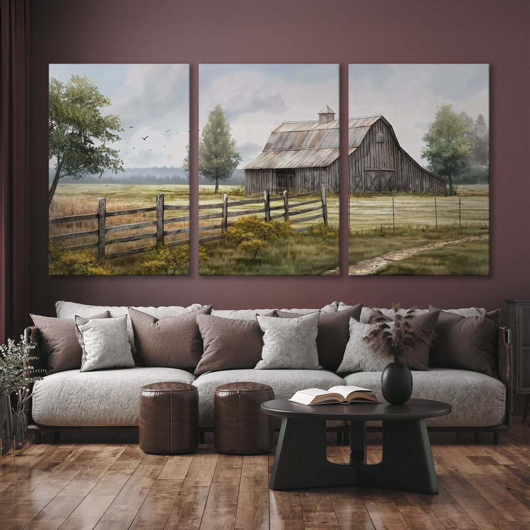 Canvas Print of a rustic barn scene in a watercolor style, featuring a neutral color palette. Perfect for farmhouse decor!