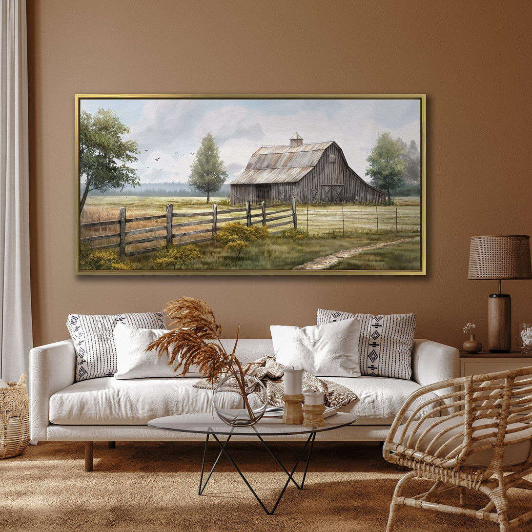 Canvas Print of a rustic barn scene in neutral tones. Farmhouse style wall art with a warm, inviting color palette. Perfect for any home.
