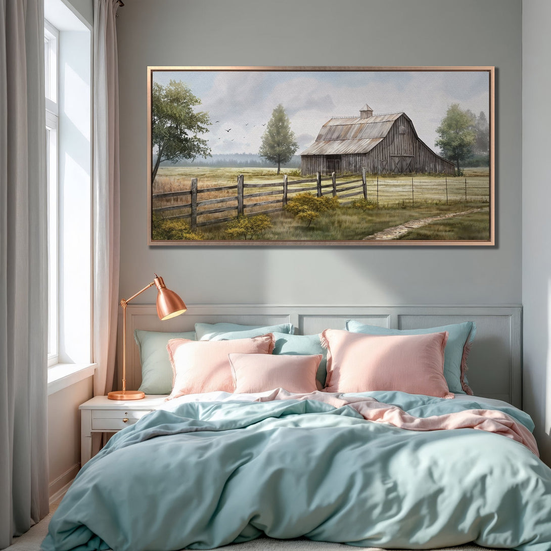 Framed Wall Art of a rustic barn scene in a bedroom. Soft watercolor style with a neutral and pastel color palette. Perfect for farmhouse decor.