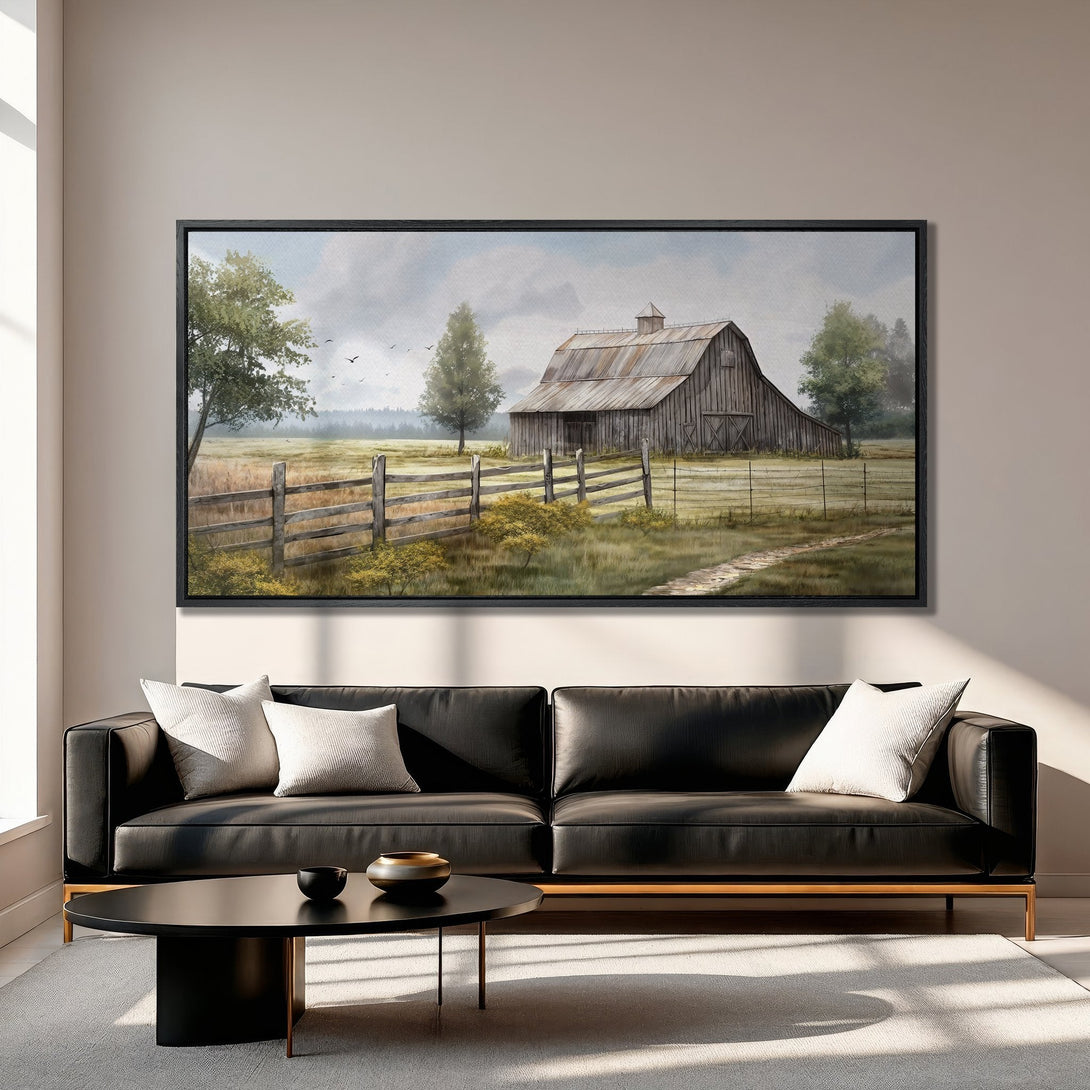 Framed Wall Art: Rustic barn landscape Canvas Print, neutral tones. Perfect for farmhouse decor, adds warmth and charm to any room.