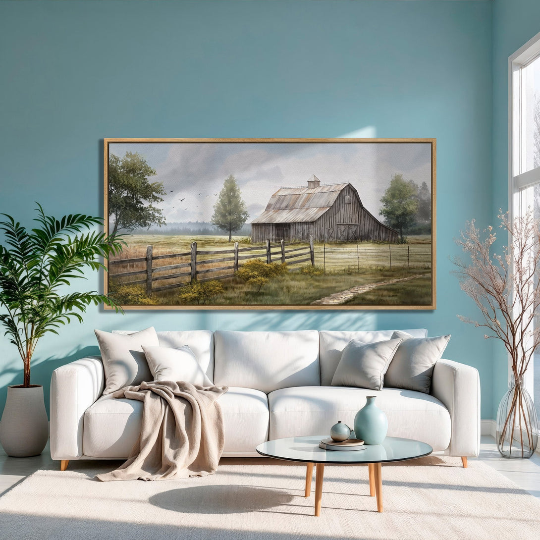 Framed Wall Art: Rustic barn watercolor print in muted earth tones. Perfect for farmhouse decor. Adds warmth & style to any living space.