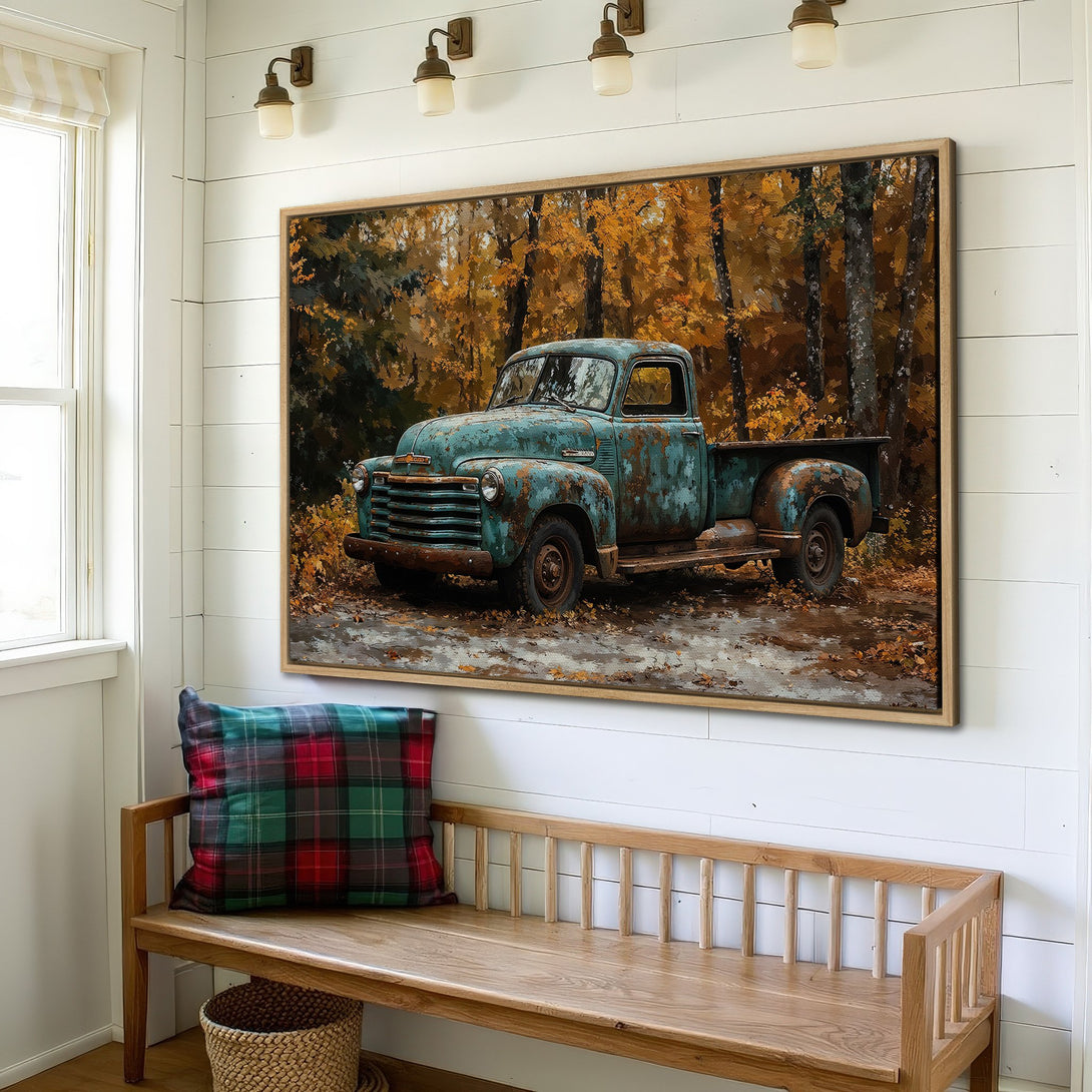 Framed Wall Art featuring a vintage turquoise truck in a fall forest scene. Rustic style with warm orange, brown, and green color palette. Perfect for farmhouse decor.