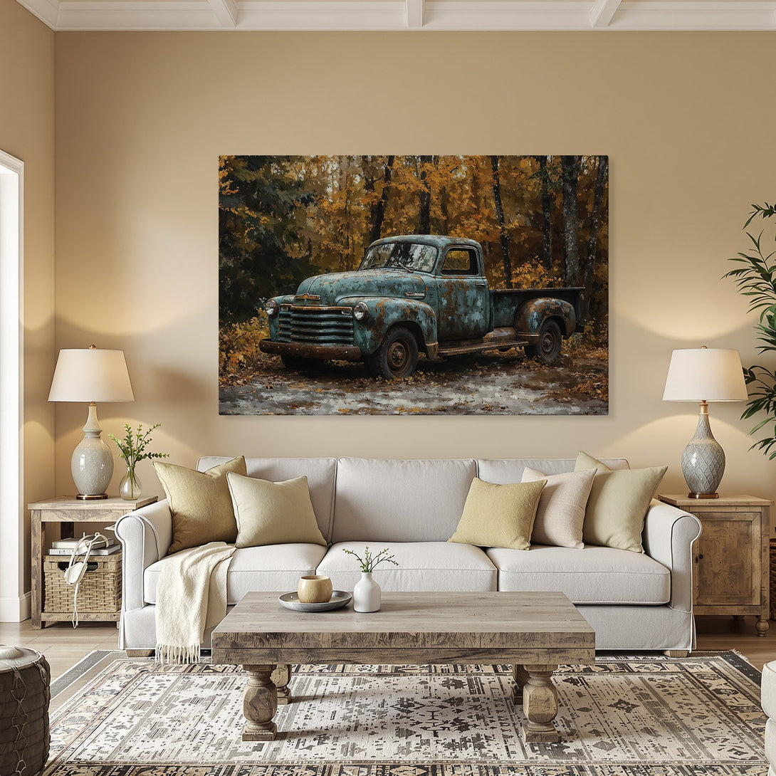 Framed Wall Art: Vintage teal truck in autumn forest. Rustic style, warm earth-tone color palette. Perfect for adding character to any space.