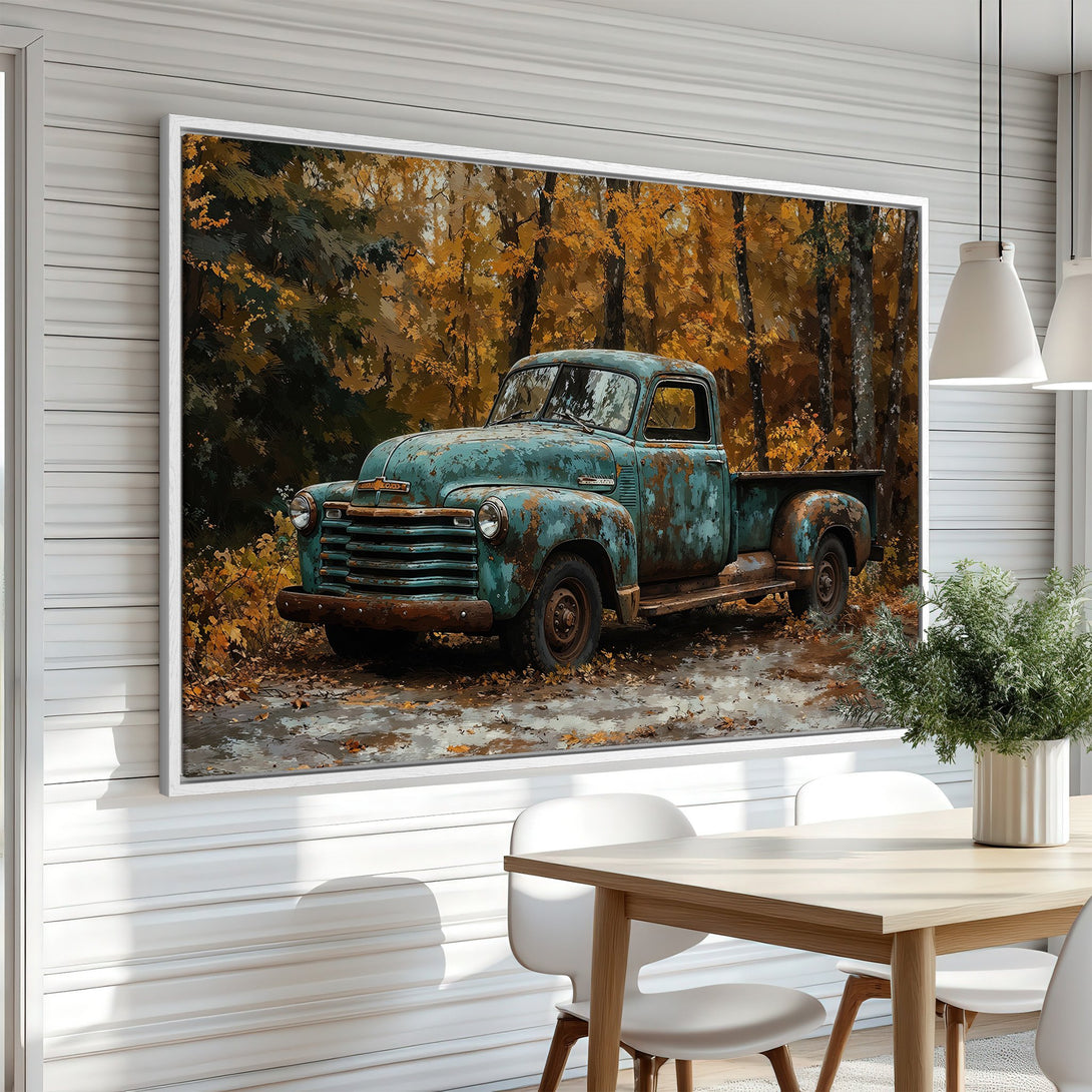 Framed Wall Art featuring a vintage truck in a forest scene. Rustic style with a warm, autumnal color palette of teal, brown, and gold. Perfect for home decor.