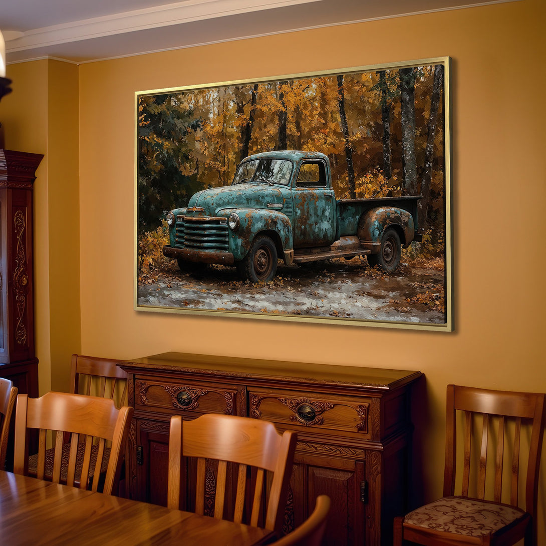 Canvas Print of vintage teal truck in autumn forest, warm earth tone color palette, rustic style wall art for home decor.