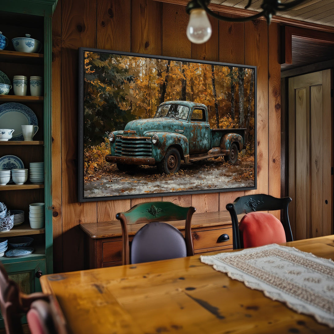 Framed Wall Art: Vintage truck in autumn forest. Rustic, warm color palette. Perfect for farmhouse decor. Canvas Print available.