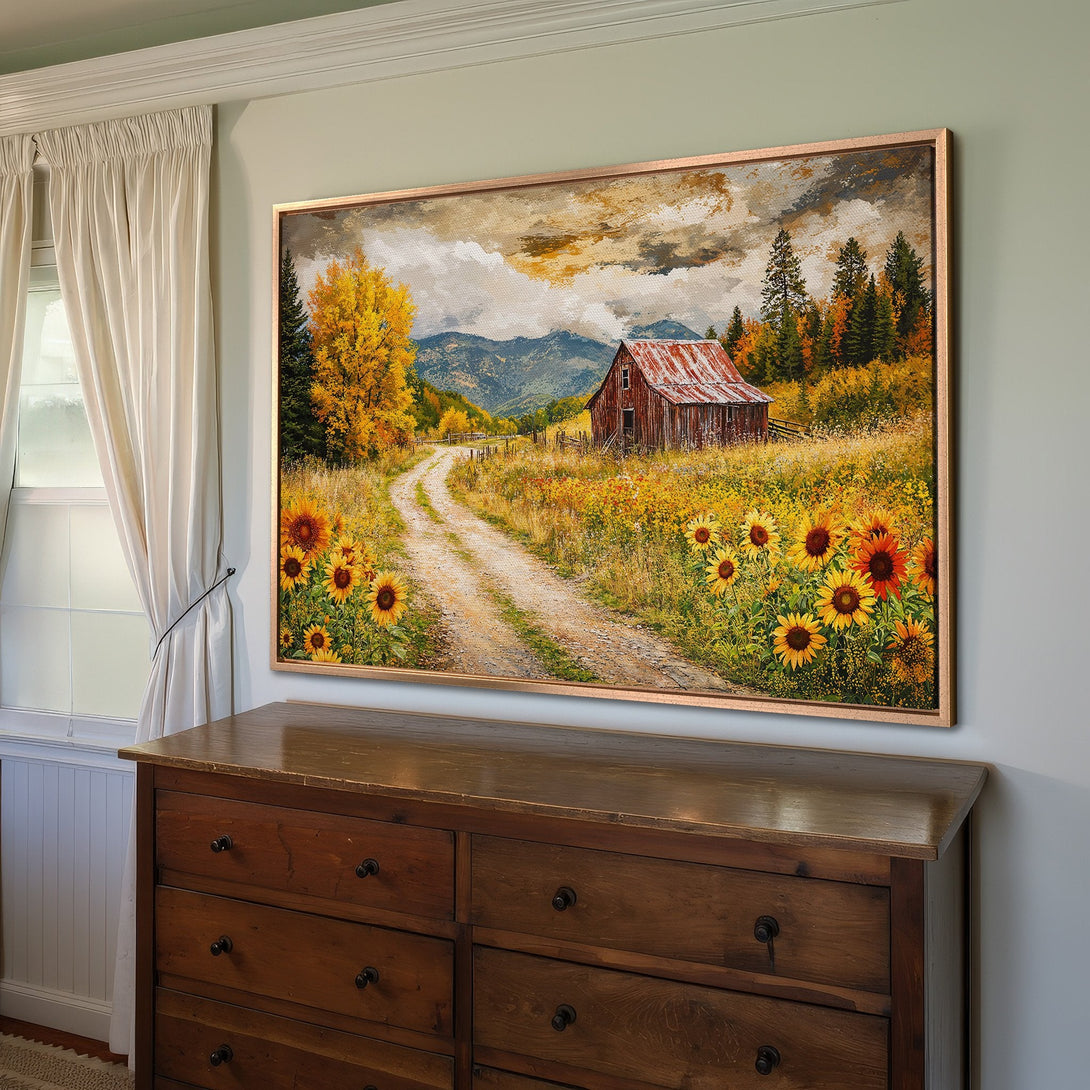 Framed Wall Art: Rustic barn landscape Canvas Print with sunflowers. Warm, autumnal color palette. Perfect for farmhouse decor.