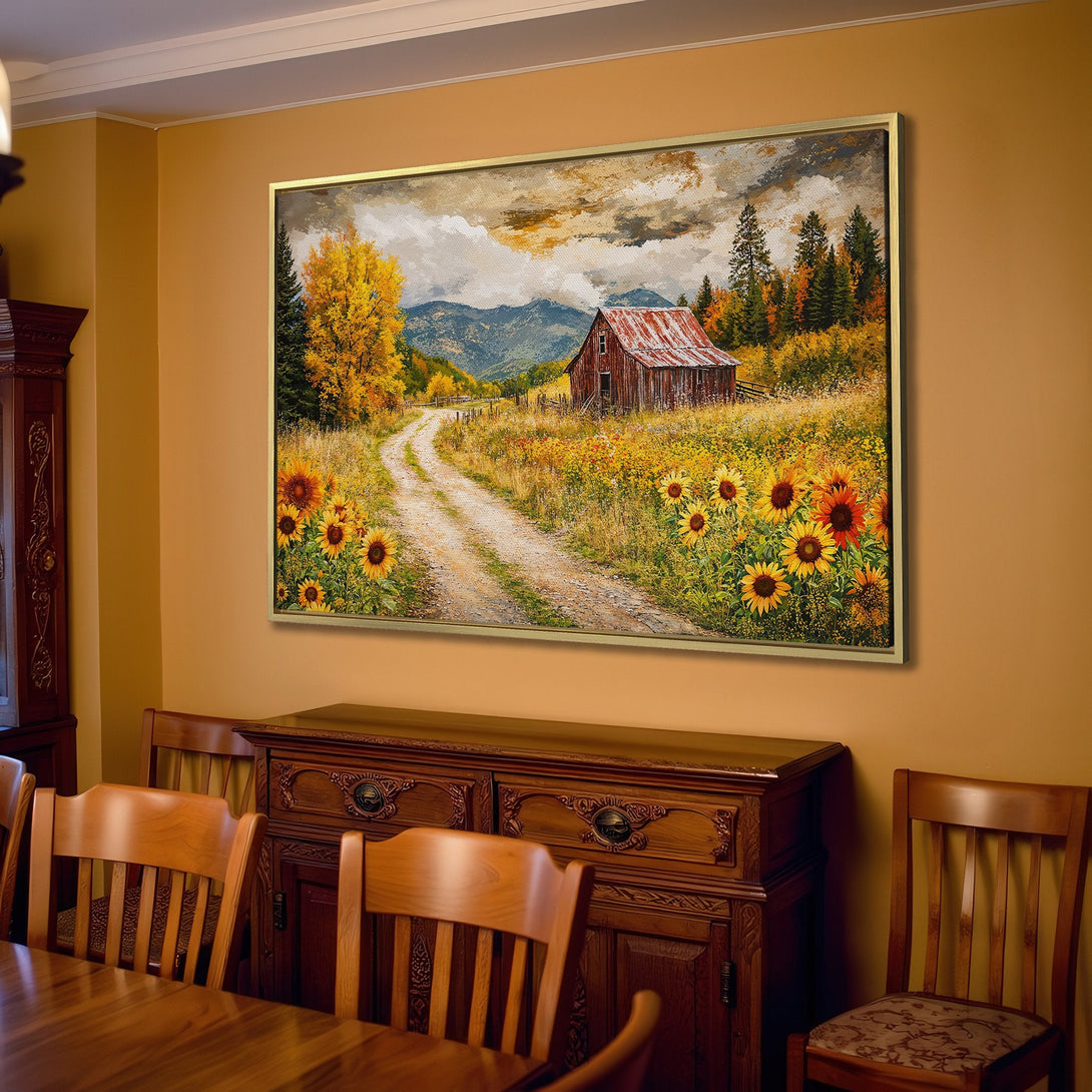 Canvas Print of a rustic barn scene with sunflowers, in warm yellow and brown tones, perfect for farmhouse decor.