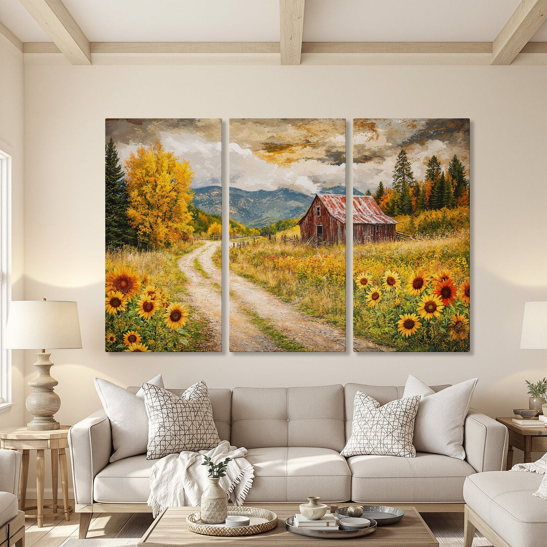 Canvas Print of a rustic barn scene with sunflowers, in warm yellow, orange, and brown tones. Perfect farmhouse decor!