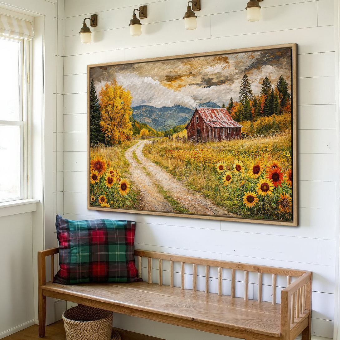 Framed Wall Art: Rustic barn landscape in warm autumn colors. Perfect for farmhouse decor. Canvas print with sunflowers and a dirt road.