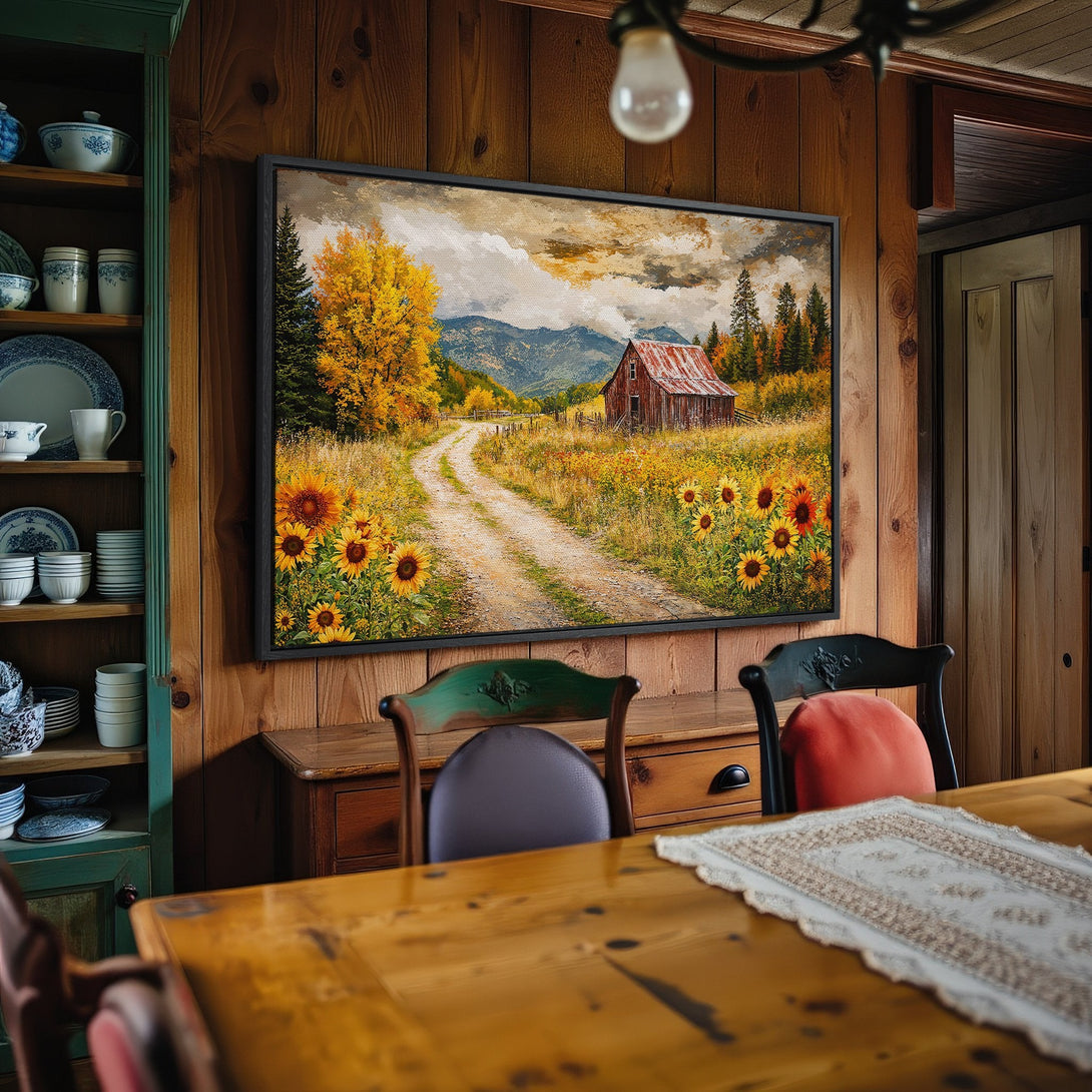 Framed Wall Art: Rustic landscape Canvas Print with sunflowers, barn, and fall colors. Perfect for adding warmth and charm to your home decor.
