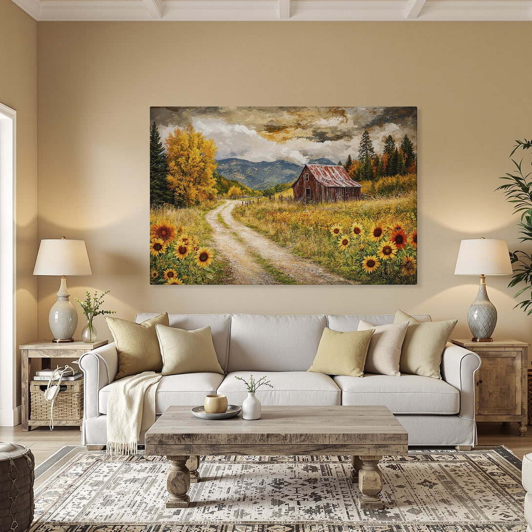 Framed Wall Art: Rustic landscape Canvas Print with barn & sunflowers. Warm yellow & orange tones create a cozy, inviting interior design.