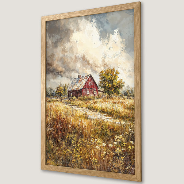 Framed Poster of a rustic red barn landscape painting in warm, earthy tones. Perfect farmhouse decor!