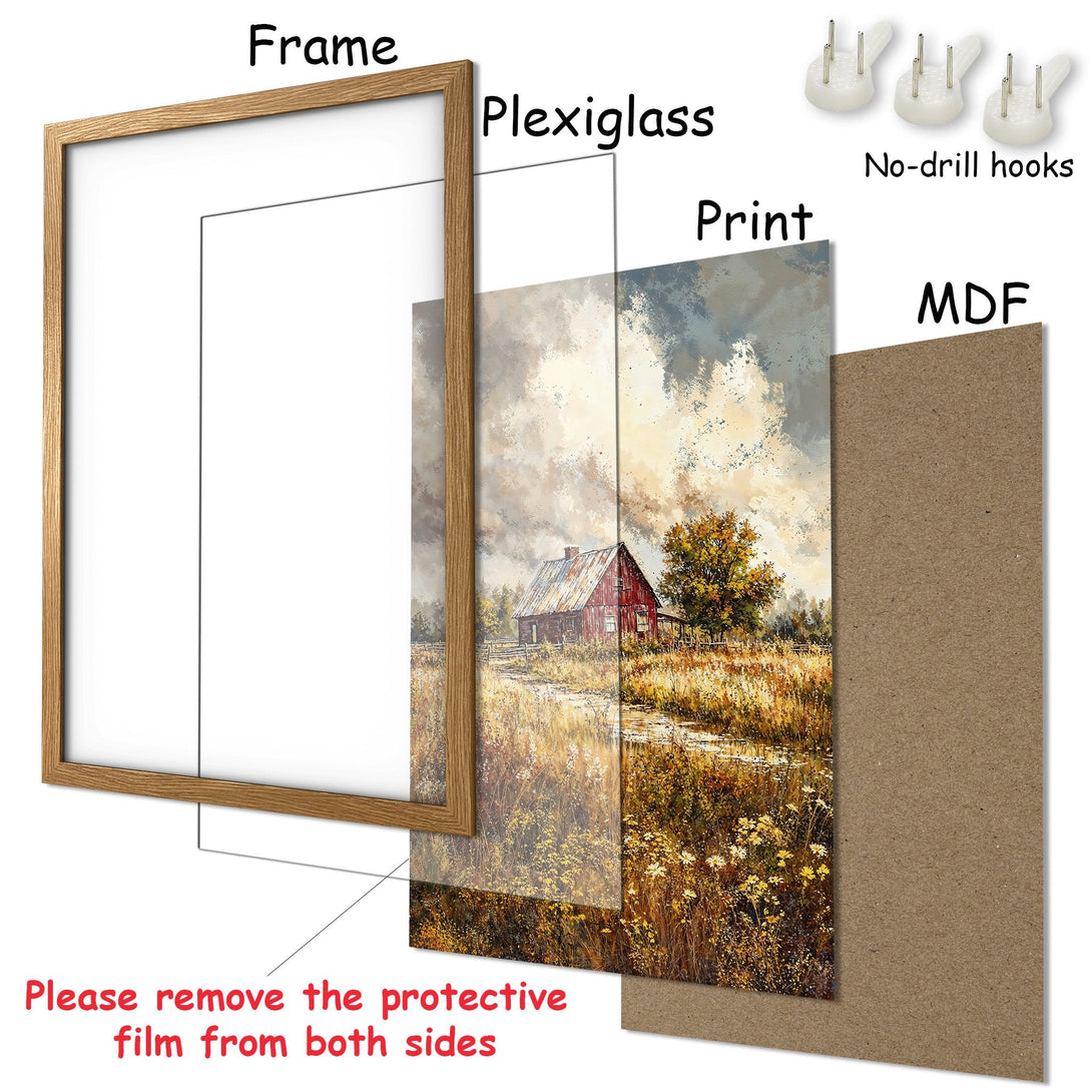 Framed Poster of a rustic barn in a landscape, warm color palette. Add charm to your space with this beautiful Poster!