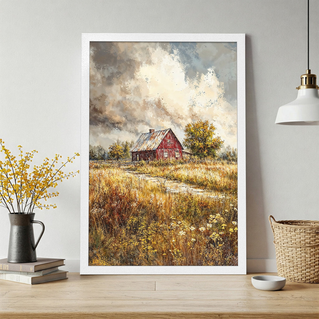Framed Poster featuring a rustic barn scene in a warm, impressionistic style with a golden and earthy color palette. Perfect for home decor.