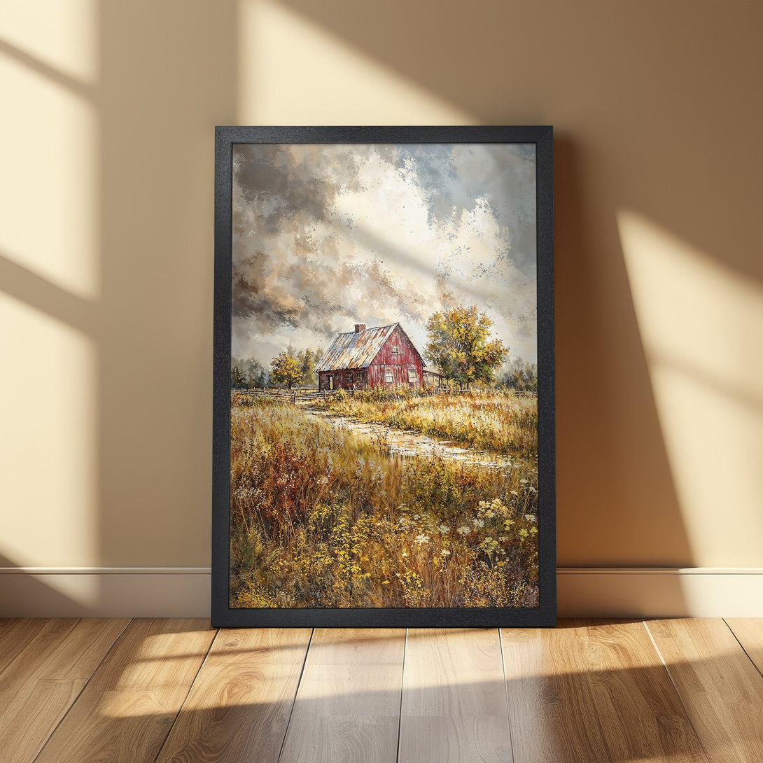 Framed Poster of a rustic red barn in a field. Impressionistic style, warm color palette with earthy tones. Perfect for farmhouse decor.
